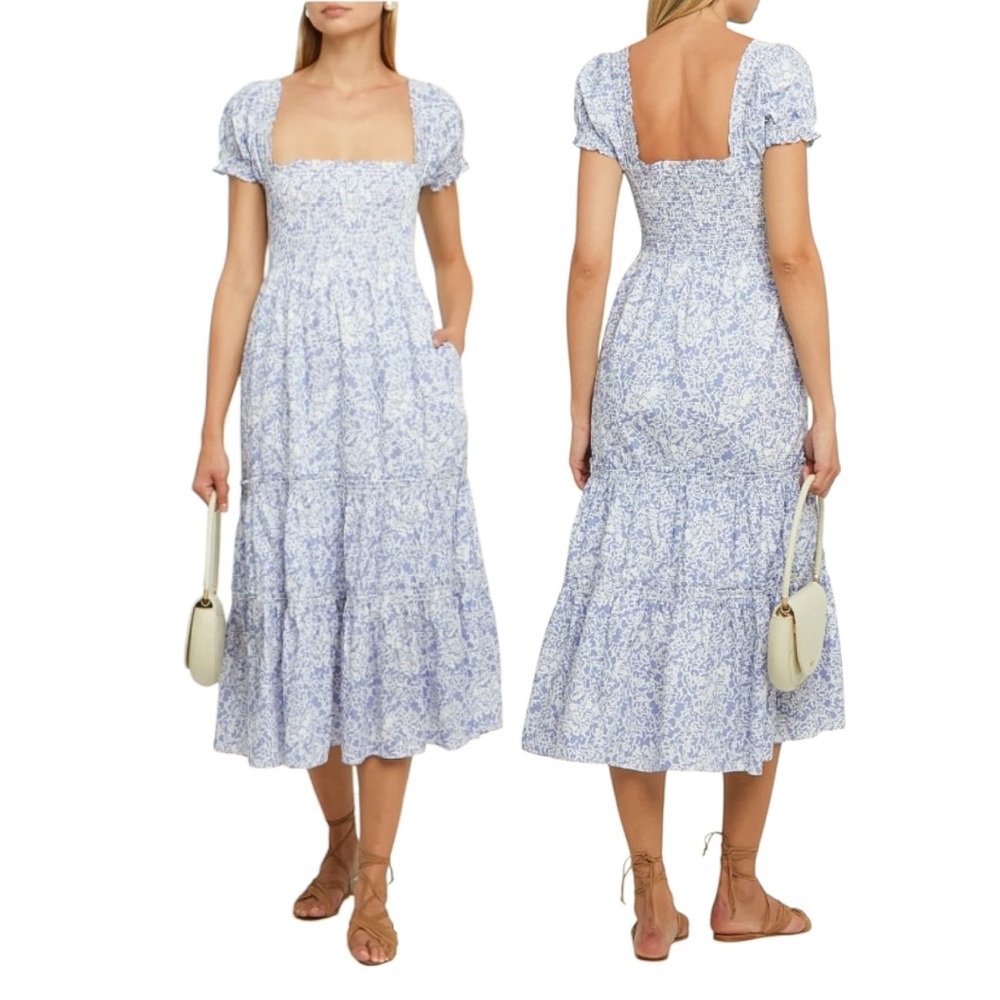 O.P.T. Daphne Square Neck Women's Blue & White Paisley Smocked Dress Size M